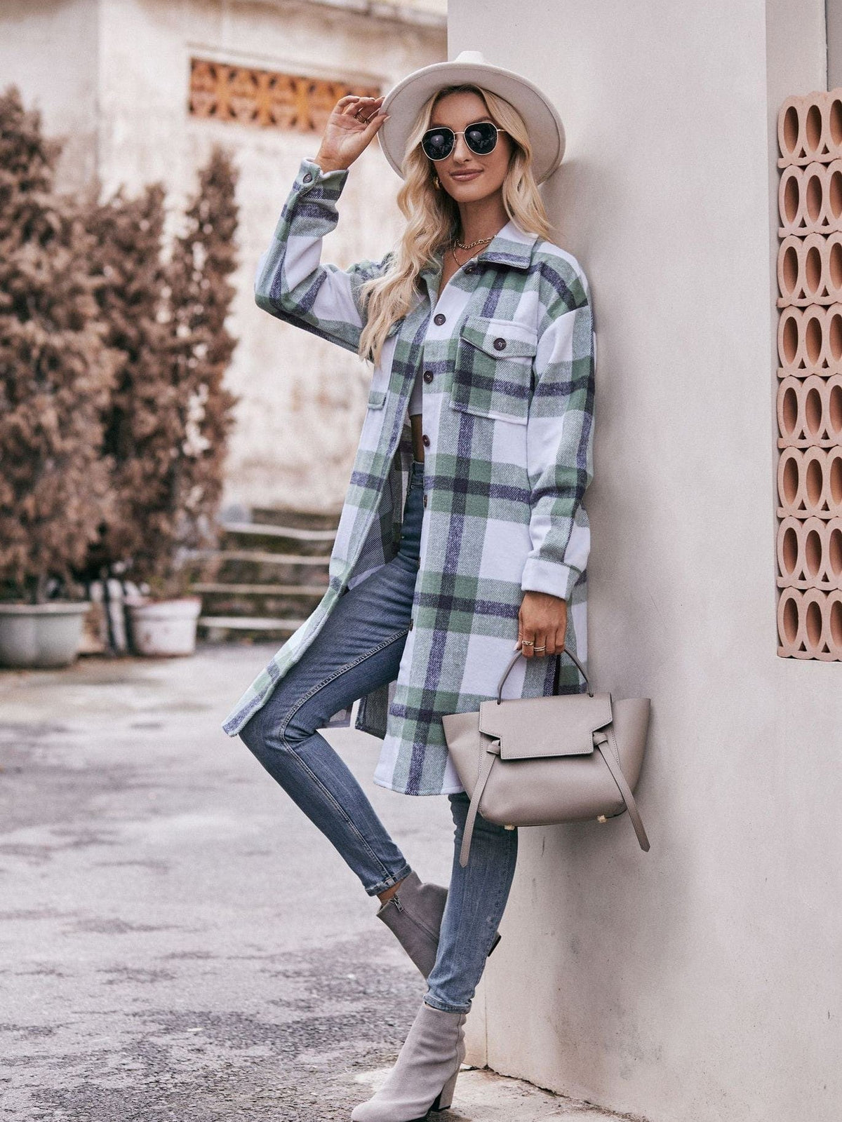 Women's casual flannel plaid shirt long coat