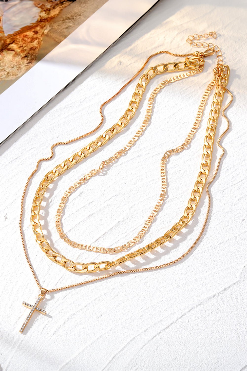 Women's 18K Gold Plated Triple-Layered Cross Pendant Necklace Set