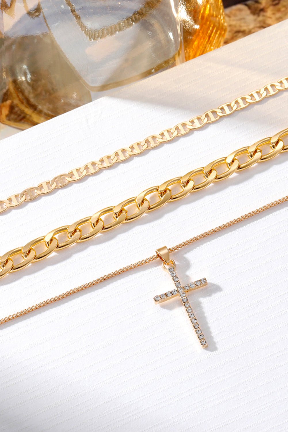 Women's 18K Gold Plated Triple-Layered Cross Pendant Necklace Set