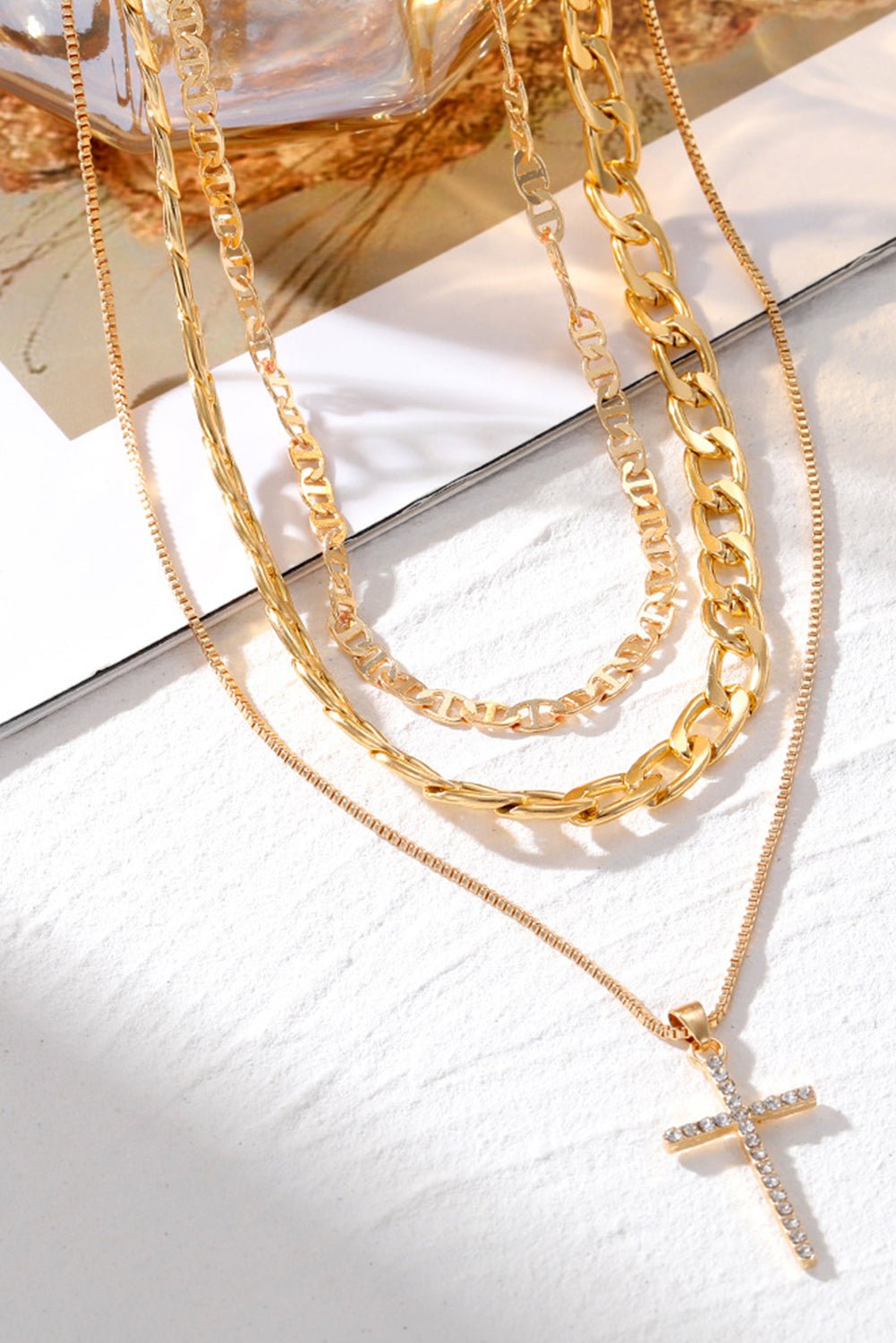 Women's 18K Gold Plated Triple-Layered Cross Pendant Necklace Set