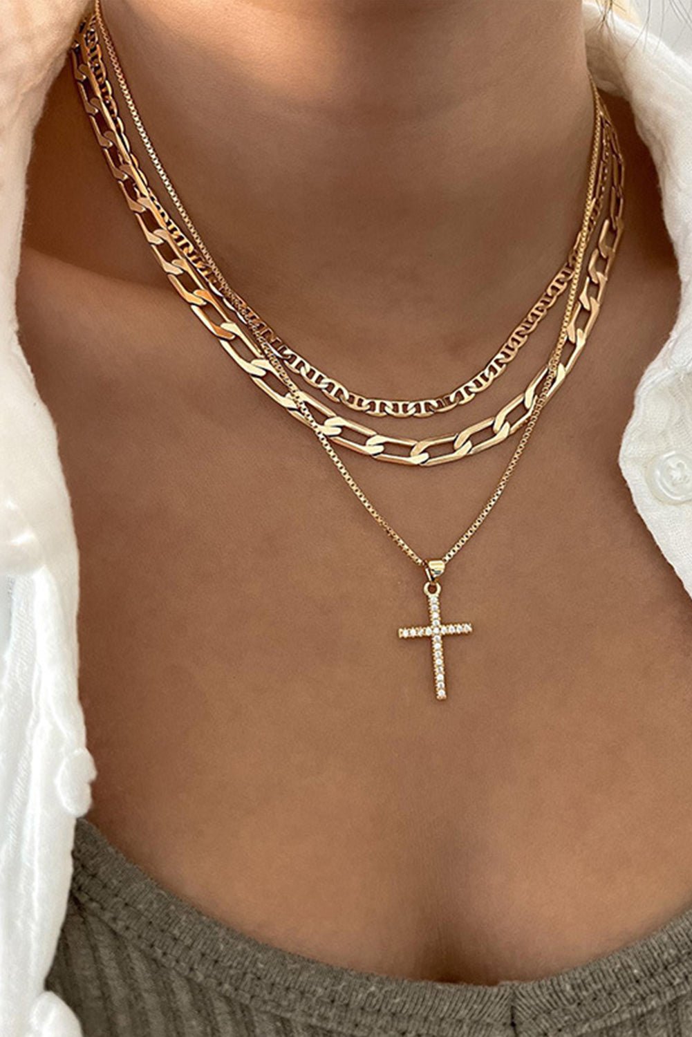 Women's 18K Gold Plated Triple-Layered Cross Pendant Necklace Set