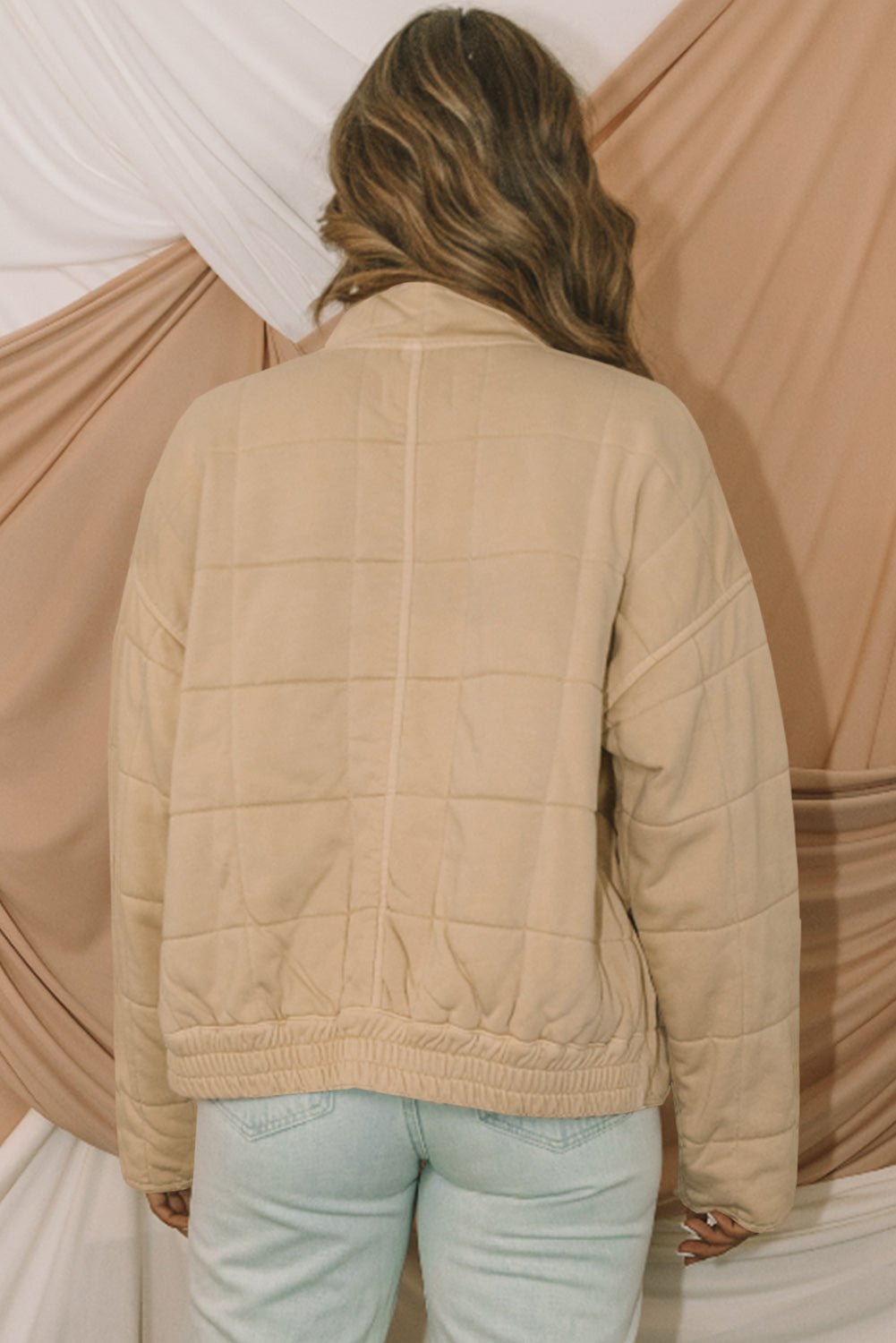 Women's Beige Quilted Zip-Front Mock Neck Jacket with Pockets