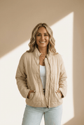 Women's Beige Quilted Zip-Front Mock Neck Jacket with Pockets