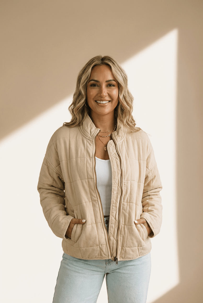 Women's Beige Quilted Zip-Front Mock Neck Jacket with Pockets