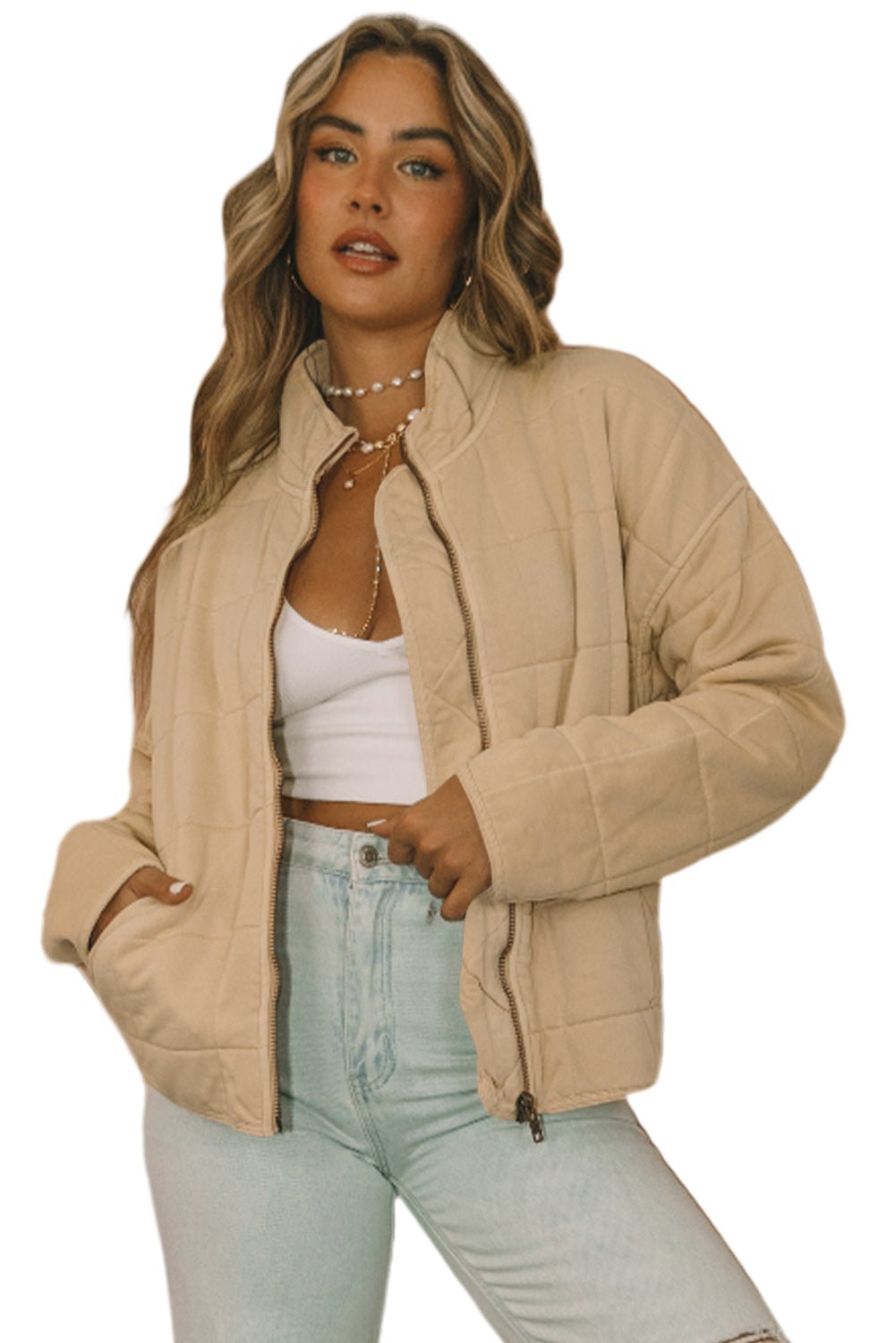 Women's Beige Quilted Zip-Front Mock Neck Jacket with Pockets