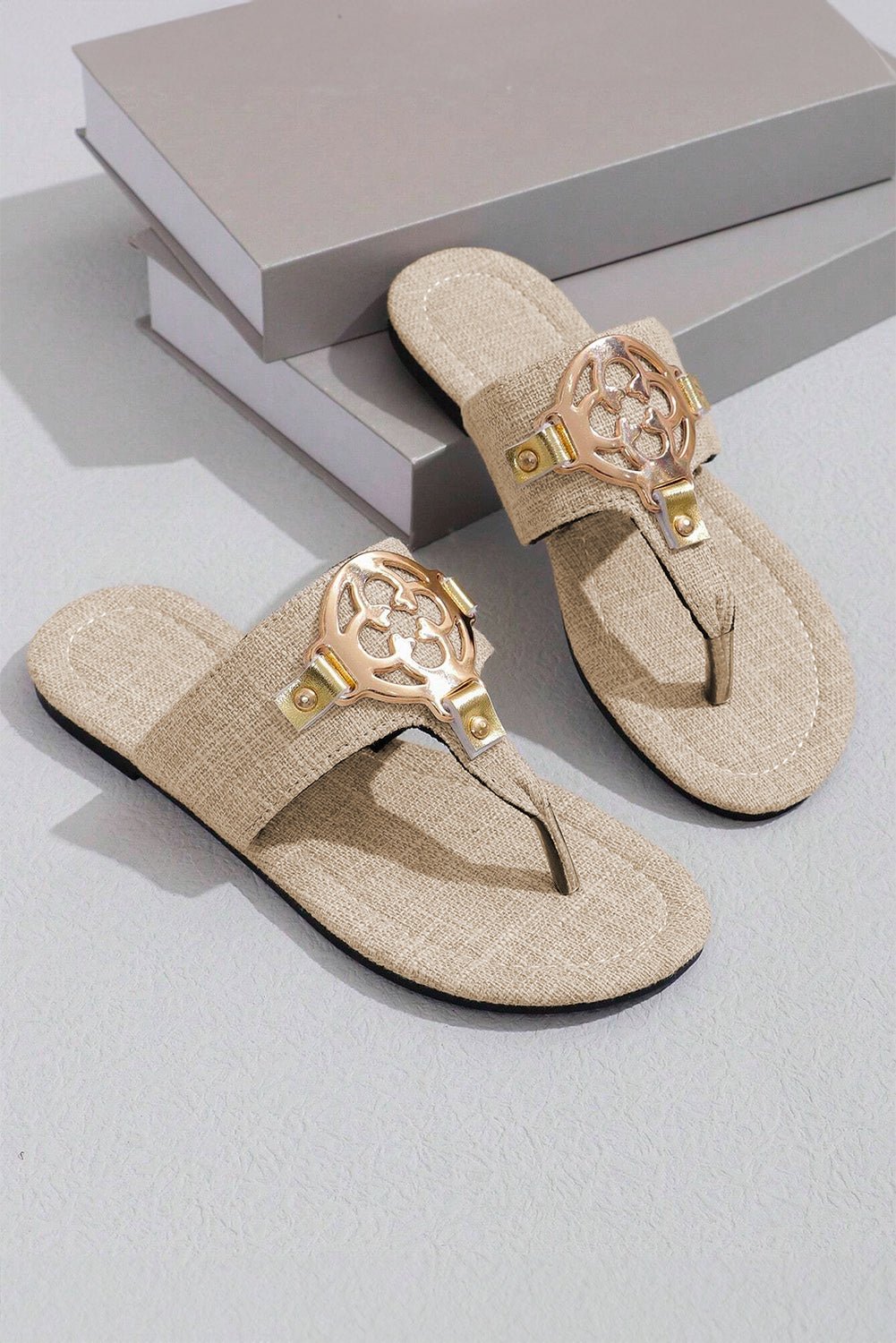 Women's Beige Textured Thong Slippers with Filigree Medallion