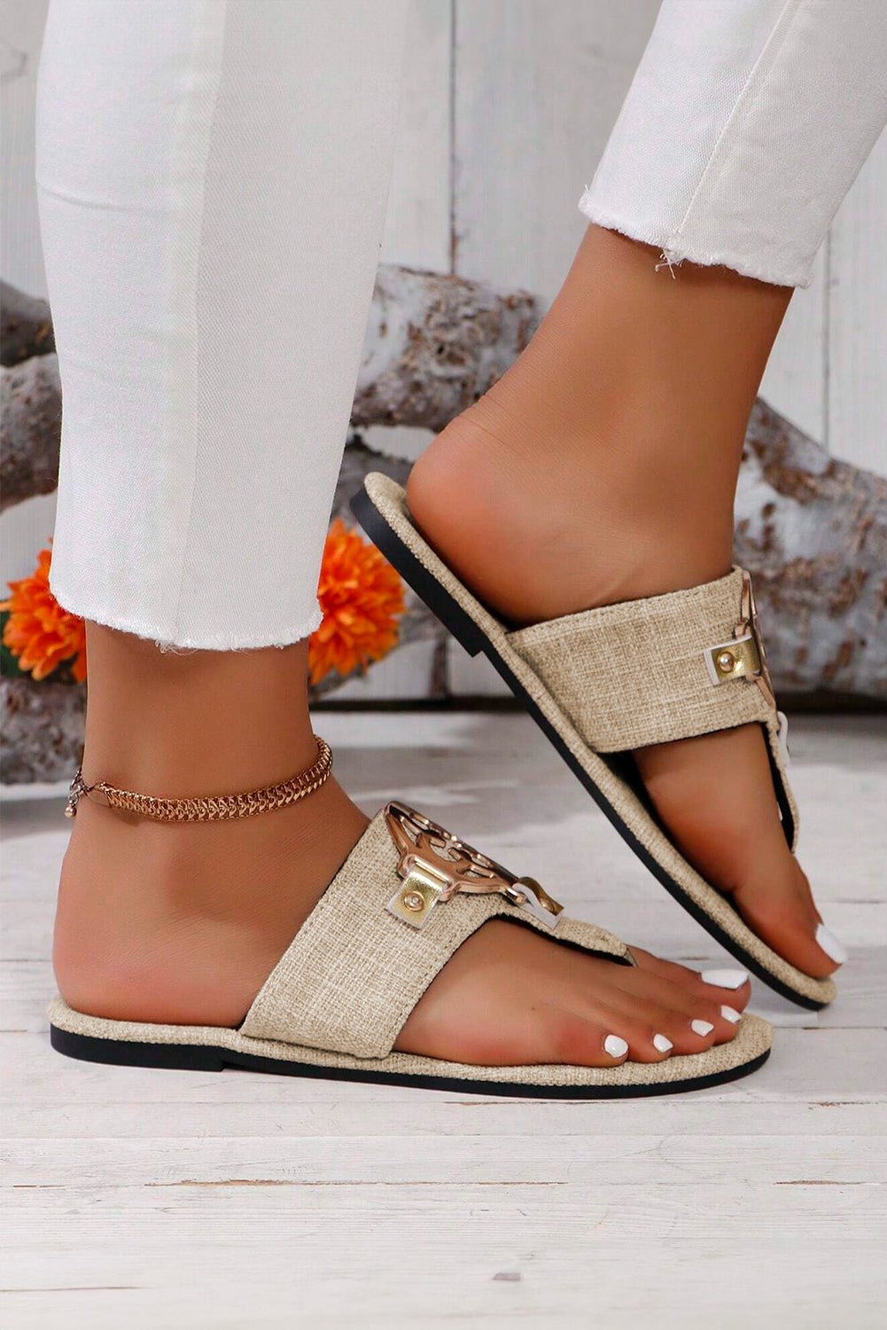 Women's Beige Textured Thong Slippers with Filigree Medallion