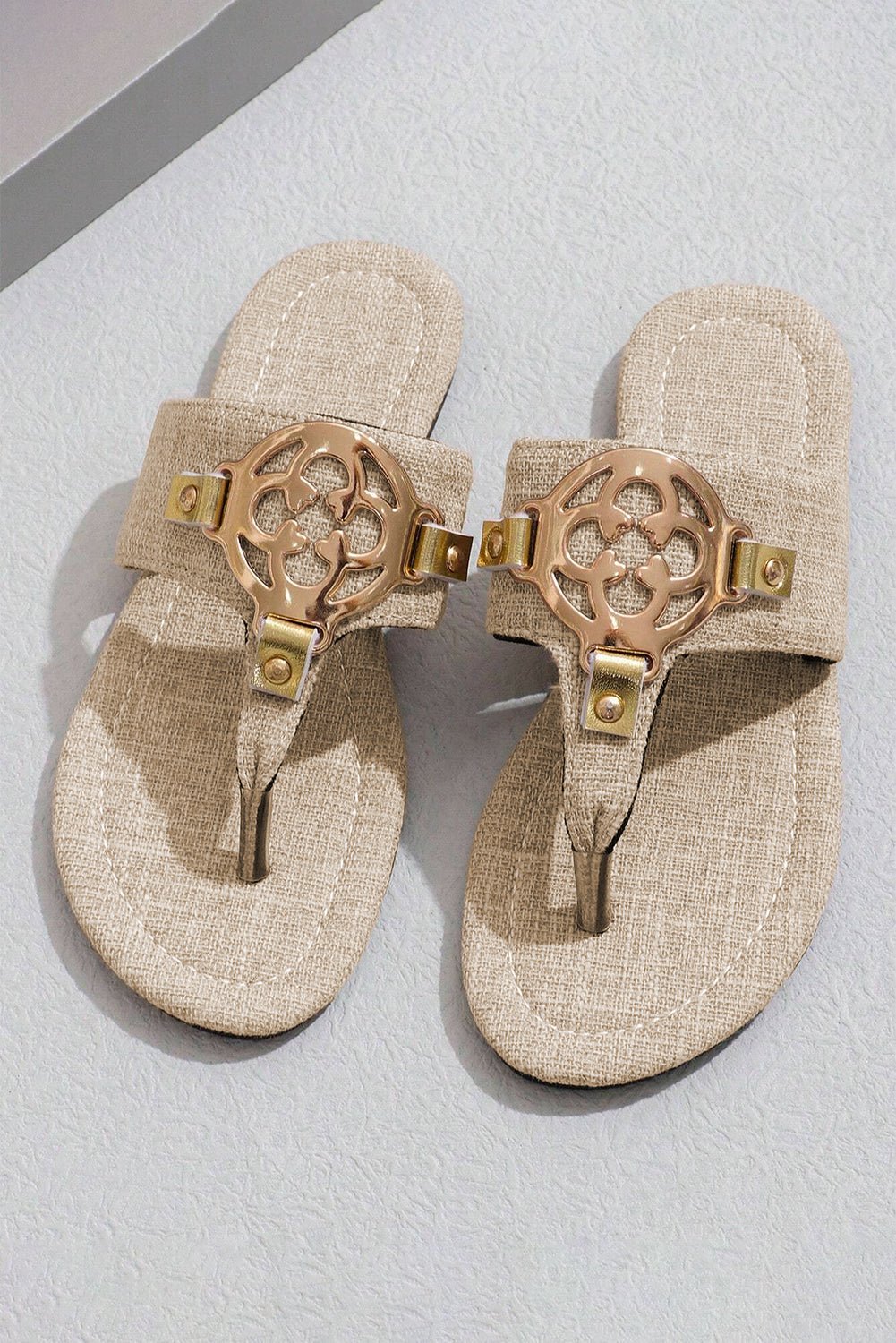 Women's Beige Textured Thong Slippers with Filigree Medallion