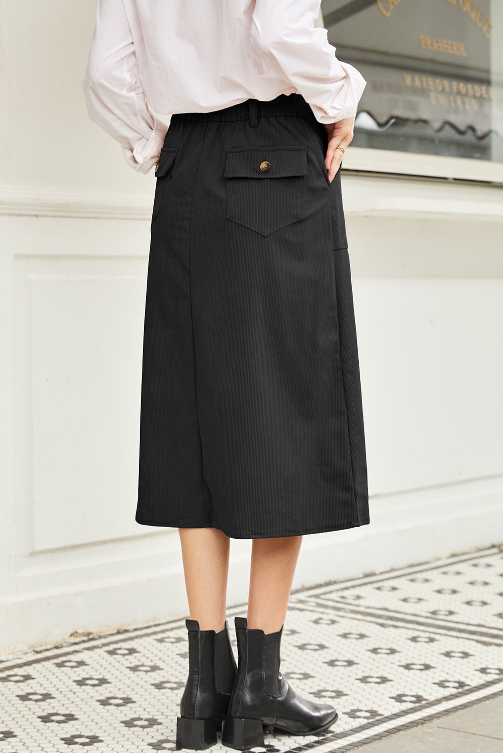 Women's Black Corduroy High-Waist Midi Skirt with Front Slit