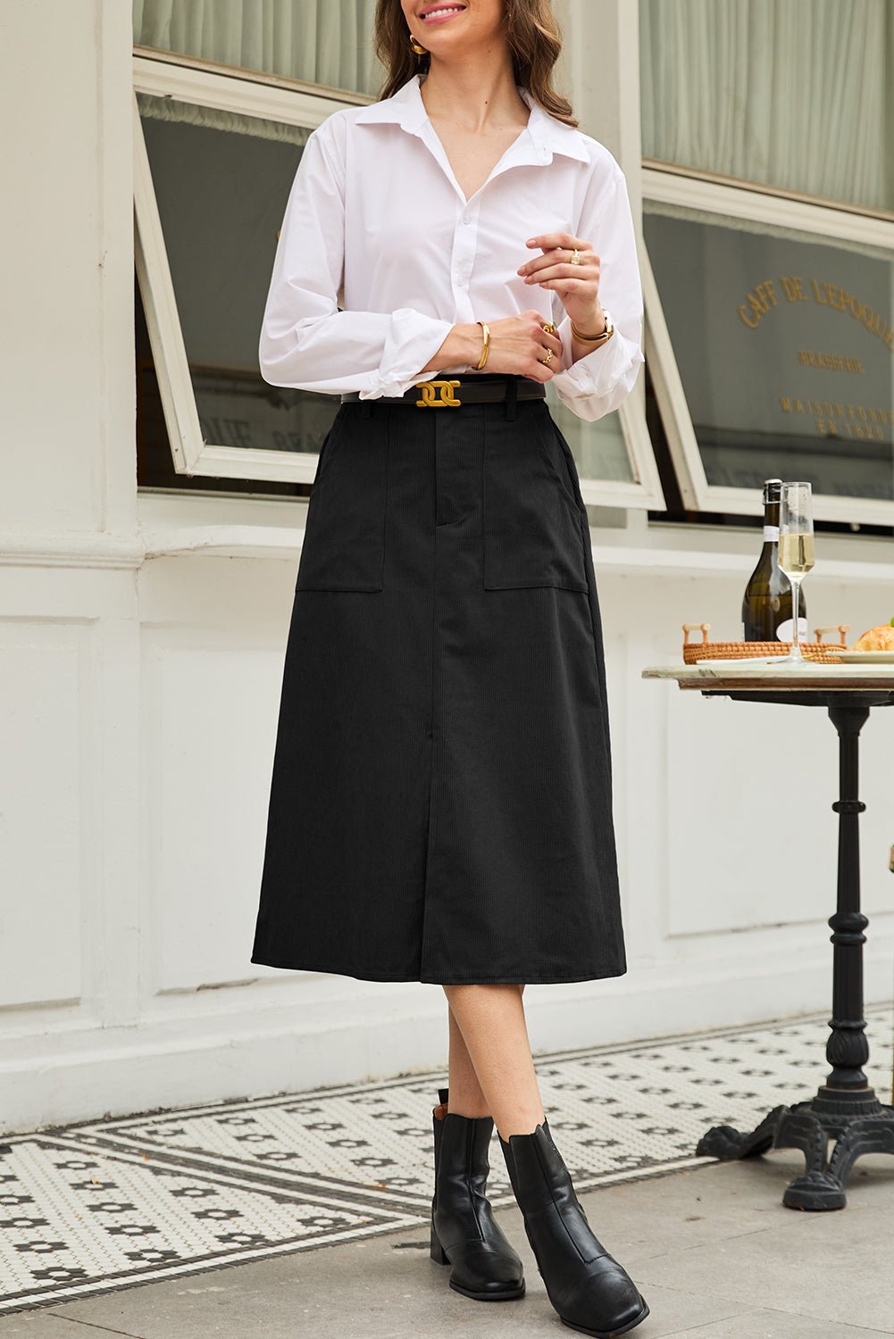 Women's Black Corduroy High-Waist Midi Skirt with Front Slit