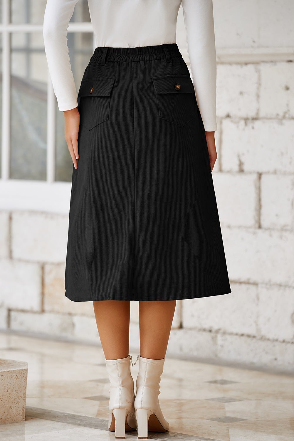Women's Black Corduroy High-Waist Midi Skirt with Front Slit