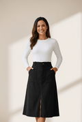 Women's Black Corduroy High-Waist Midi Skirt with Front Slit
