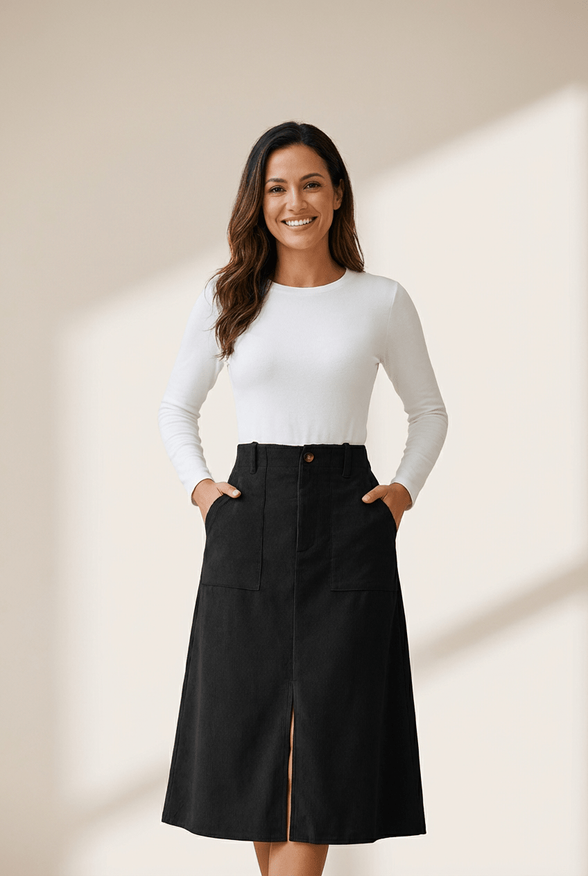 Women's Black Corduroy High-Waist Midi Skirt with Front Slit