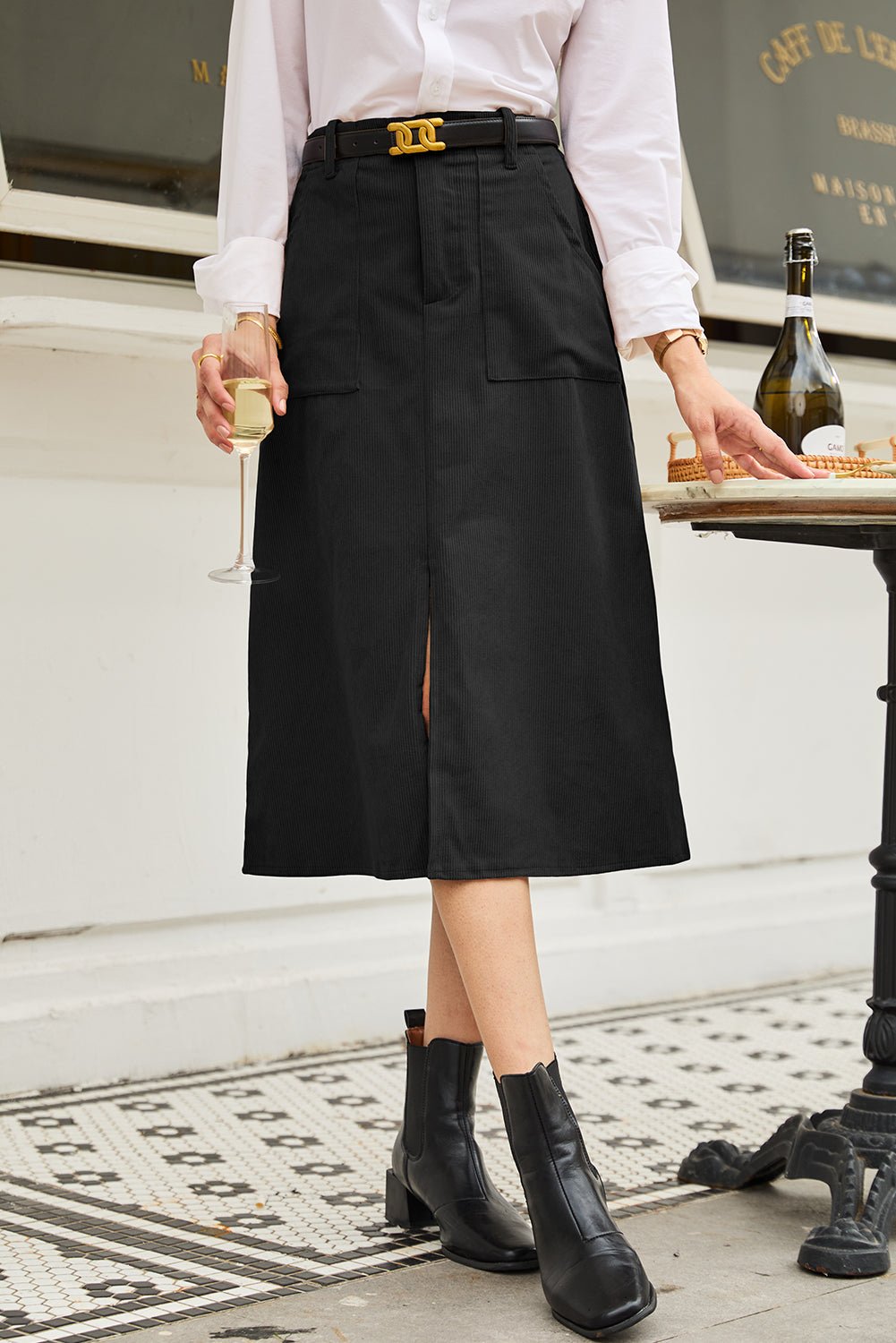Women's Black Corduroy High-Waist Midi Skirt with Front Slit