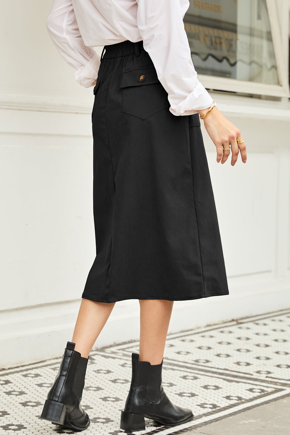 Women's Black Corduroy High-Waist Midi Skirt with Front Slit