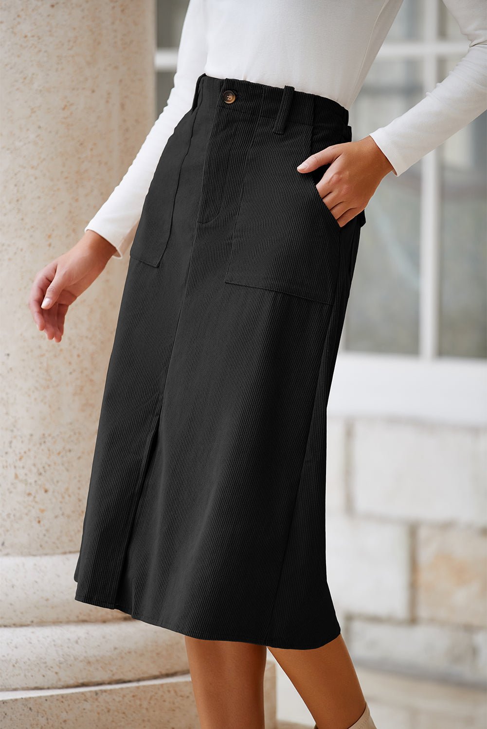 Women's Black Corduroy High-Waist Midi Skirt with Front Slit