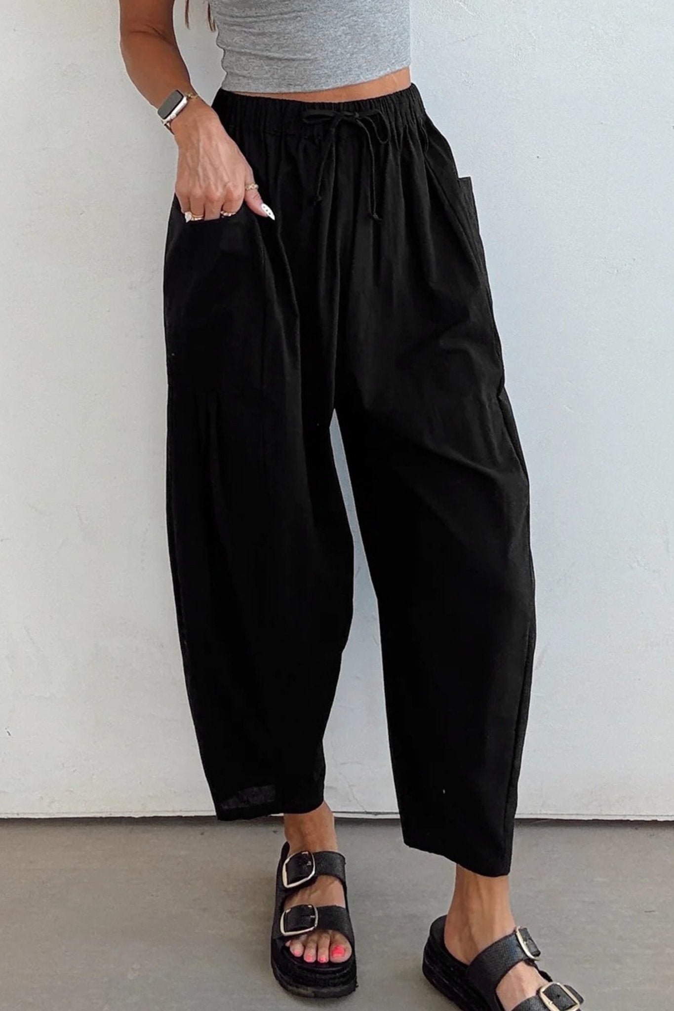 Women's Black Cotton-Viscose Barrel Leg Pants with Drawstring