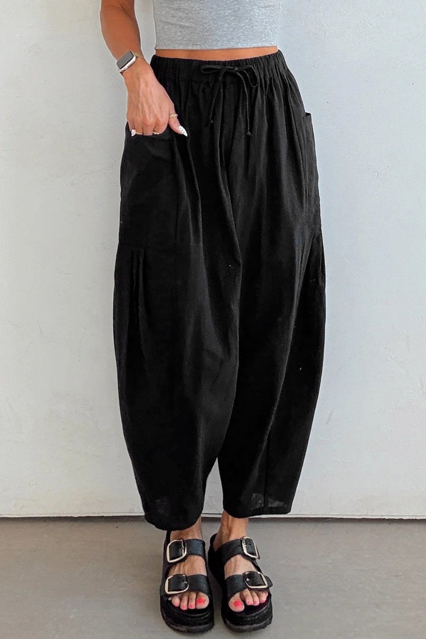 Women's Black Cotton-Viscose Barrel Leg Pants with Drawstring