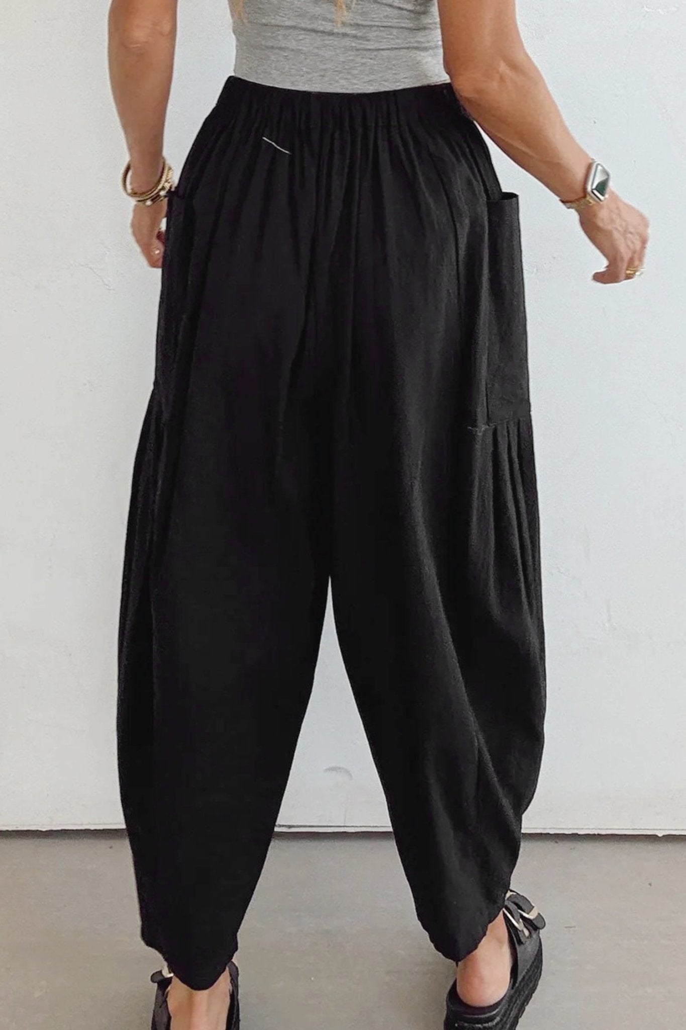 Women's Black Cotton-Viscose Barrel Leg Pants with Drawstring