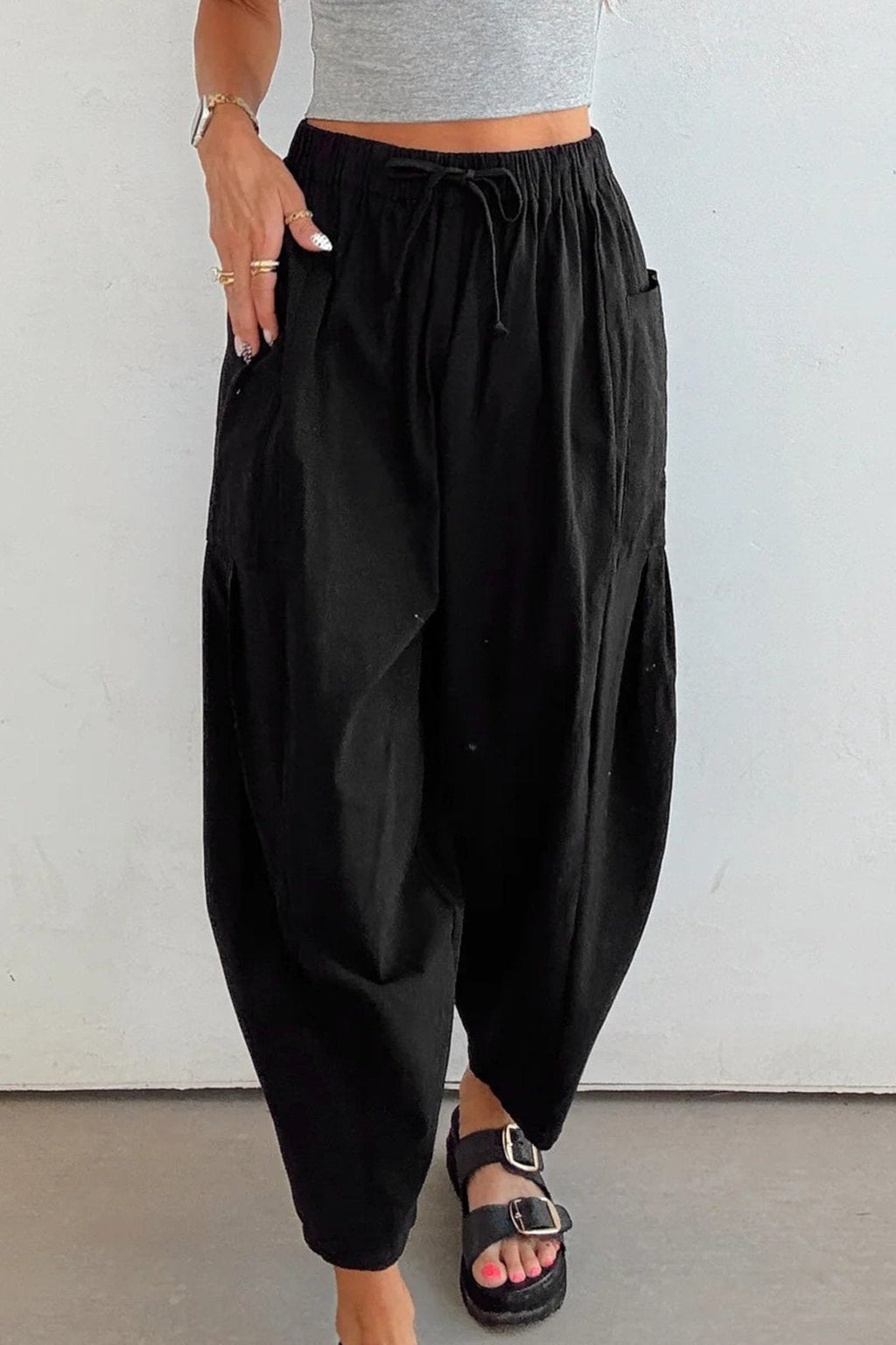 Women's Black Cotton-Viscose Barrel Leg Pants with Drawstring