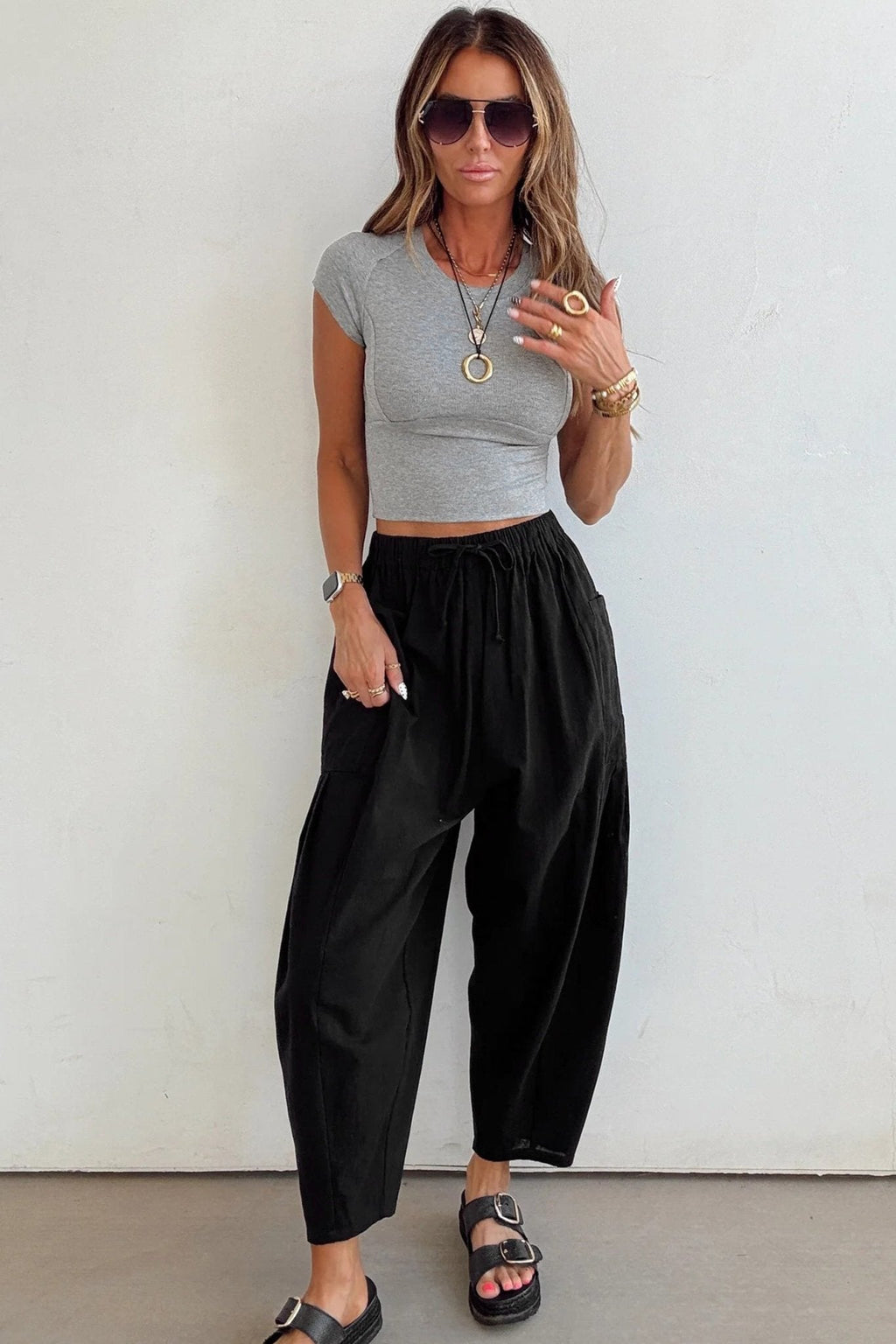 Women's Black Cotton-Viscose Barrel Leg Pants with Drawstring