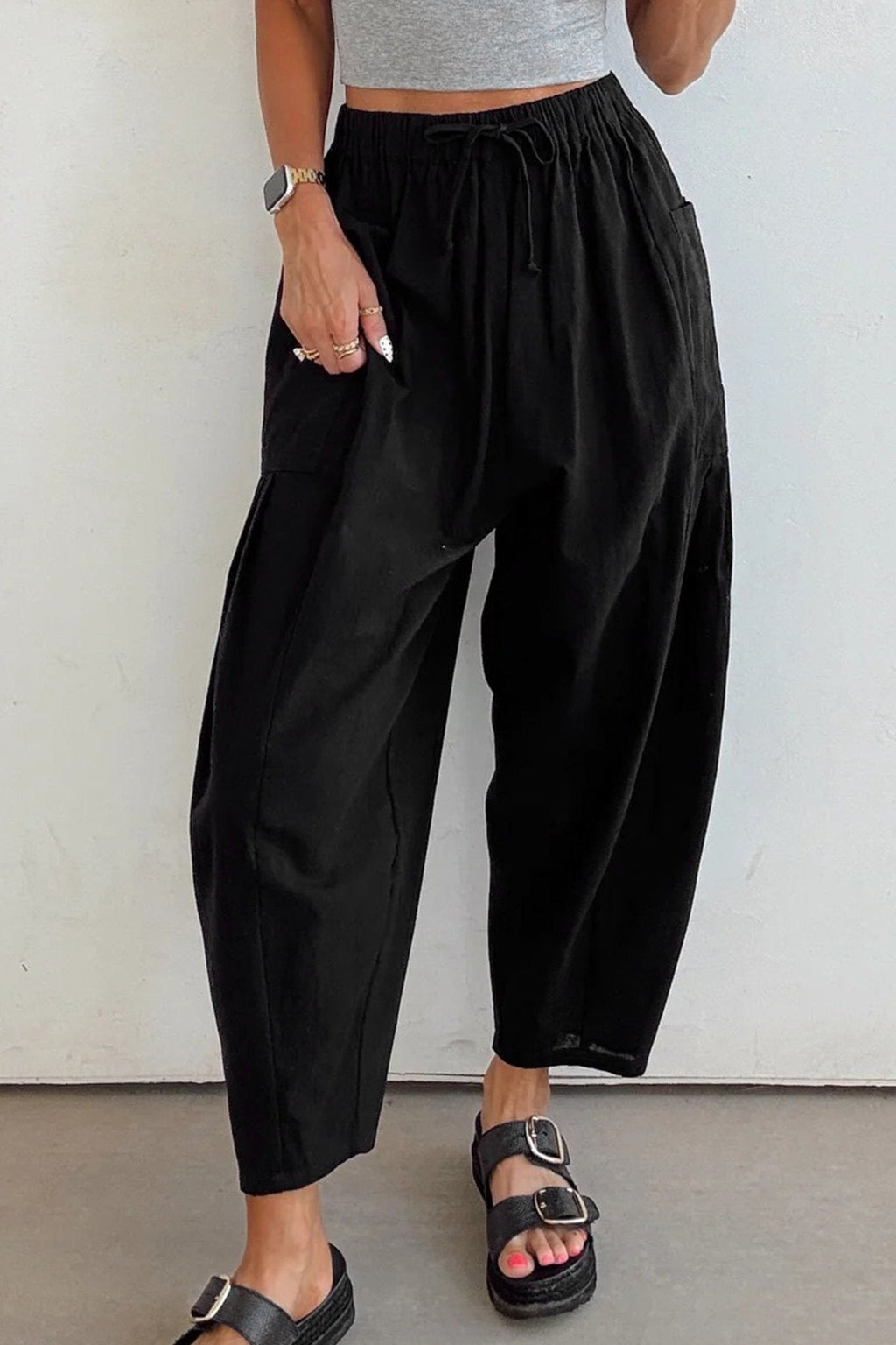 Women's Black Cotton-Viscose Barrel Leg Pants with Drawstring