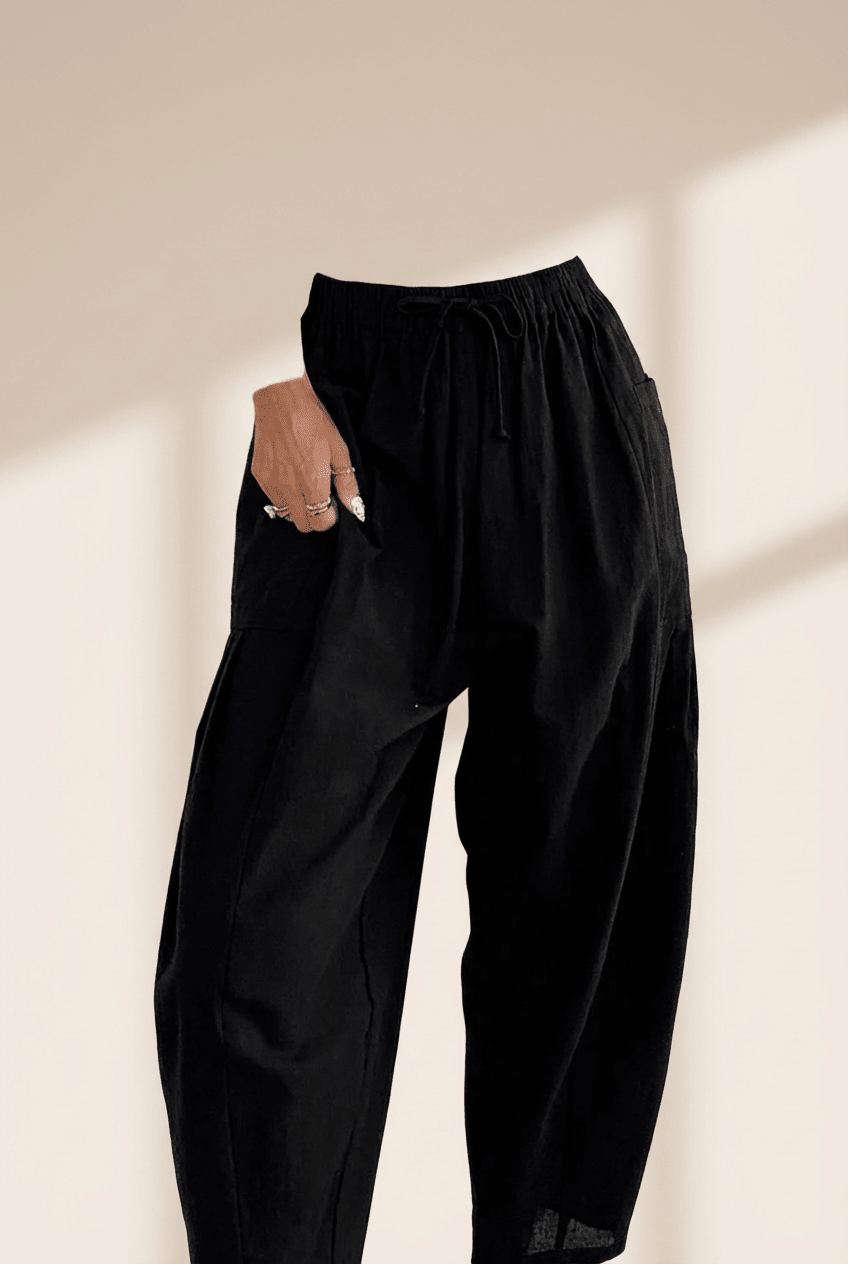 Women's Black Cotton-Viscose Barrel Leg Pants with Drawstring