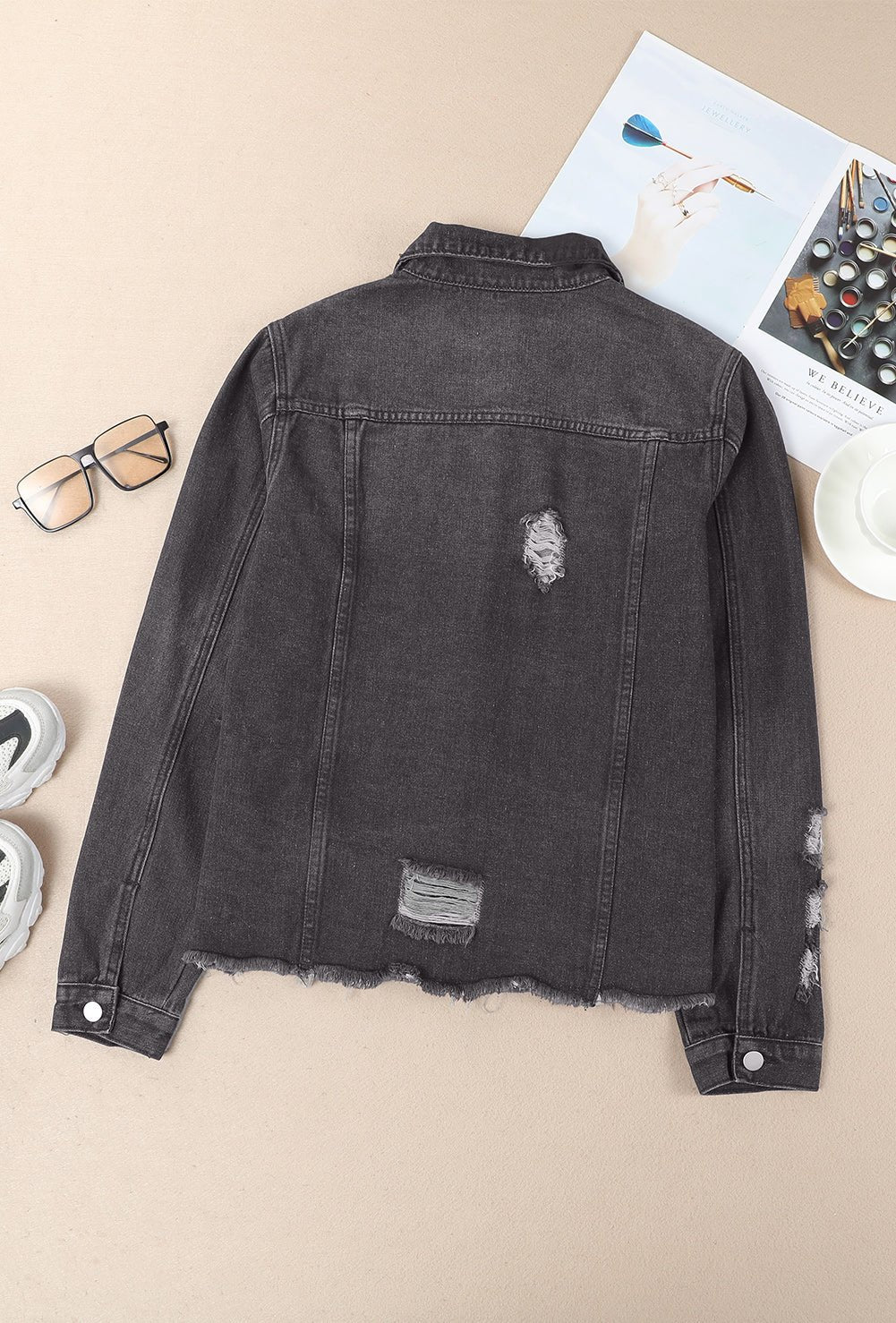 Women's Black Distressed Denim Jean Jacket with Raw Hem and Lapel