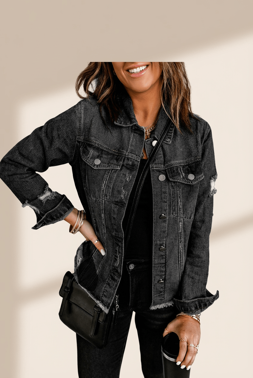 Women's Black Distressed Denim Jean Jacket with Raw Hem and Lapel