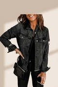 Women's Black Distressed Denim Jean Jacket with Raw Hem and Lapel