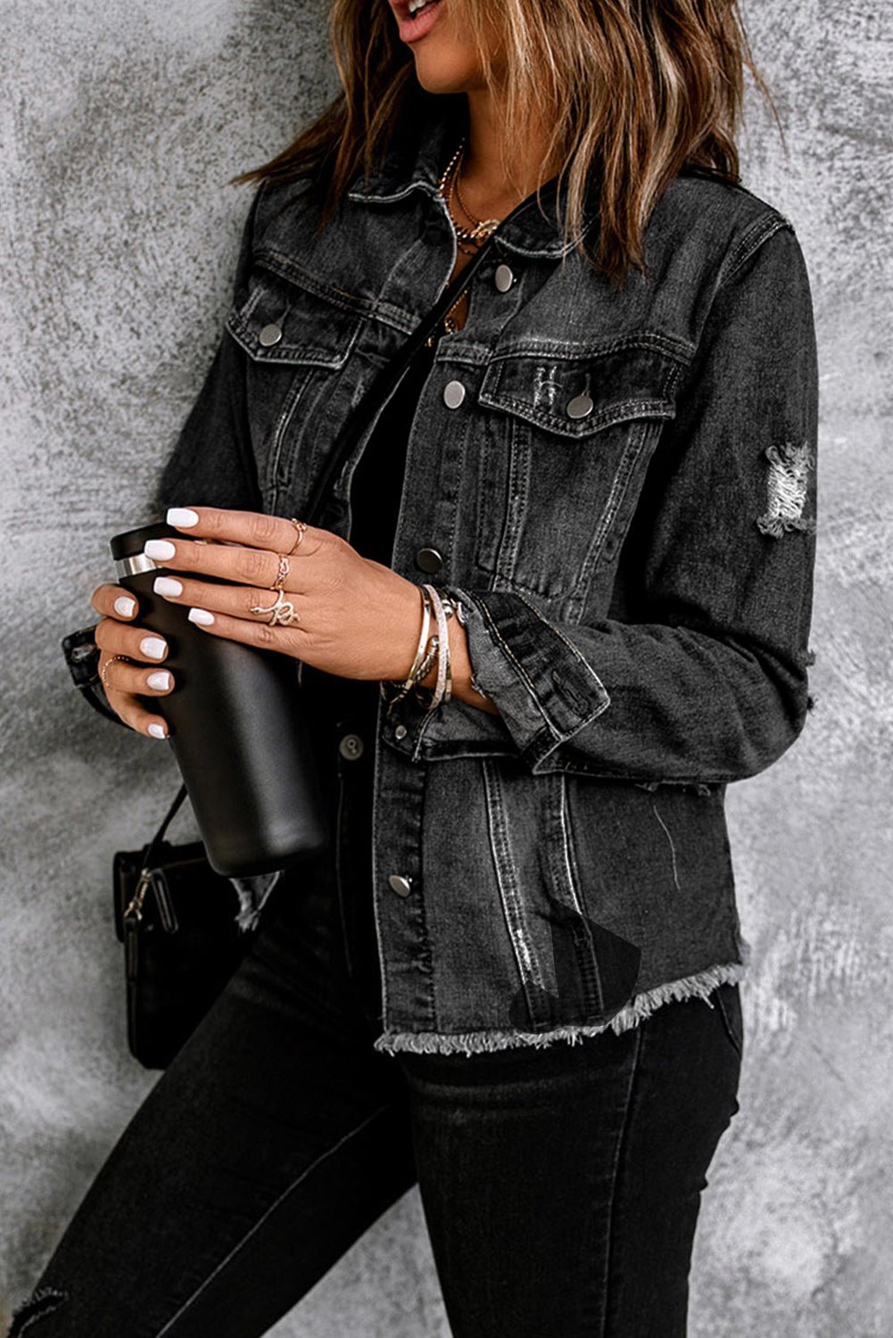 Women's Black Distressed Denim Jean Jacket with Raw Hem and Lapel