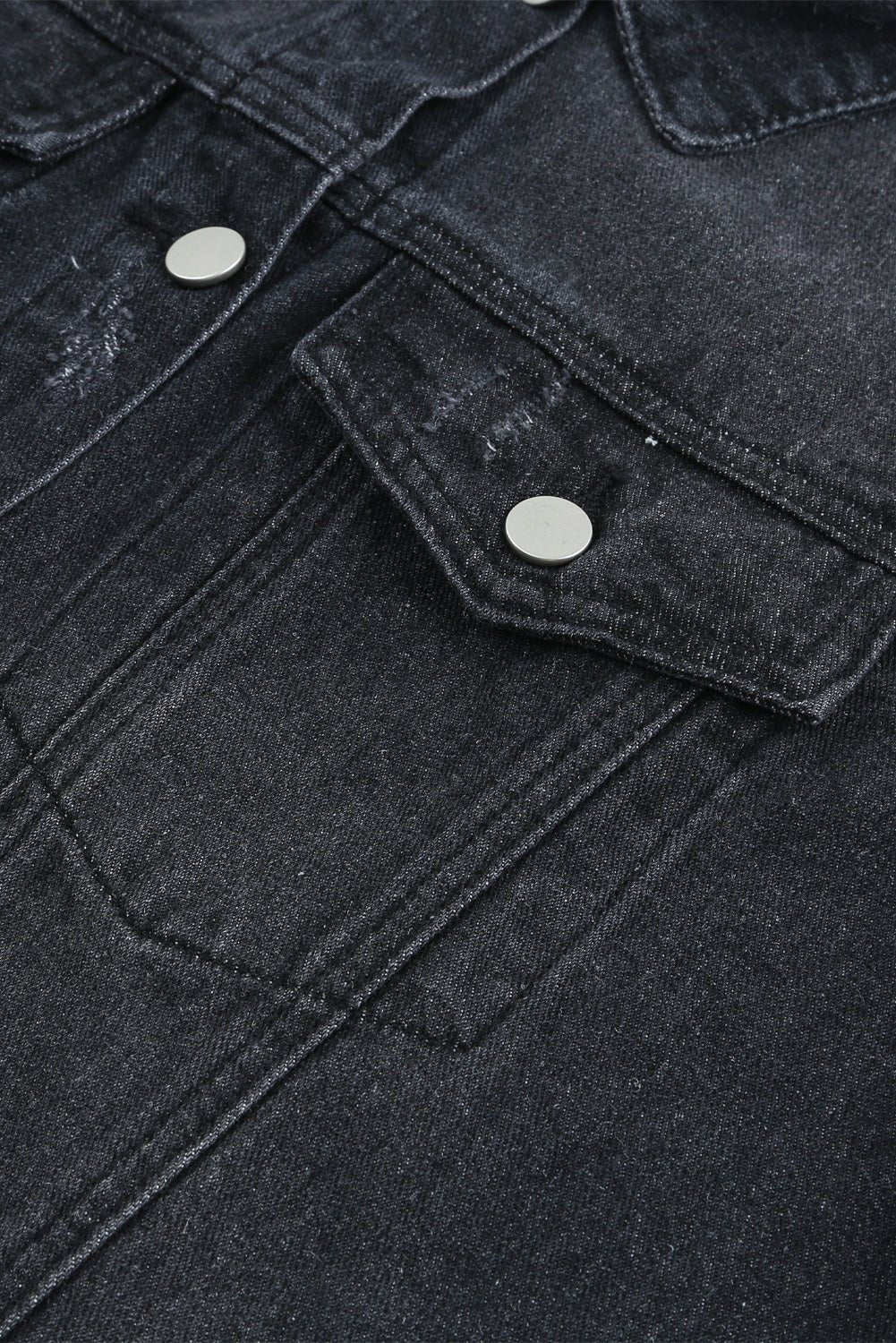 Women's Black Distressed Denim Jean Jacket with Raw Hem and Lapel