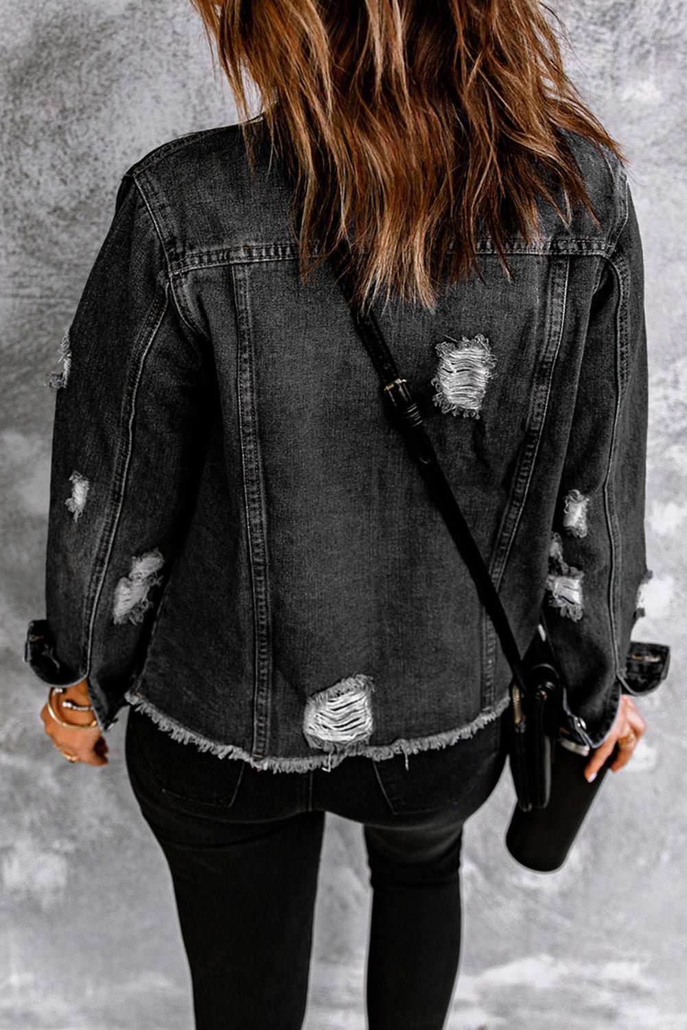 Women's Black Distressed Denim Jean Jacket with Raw Hem and Lapel