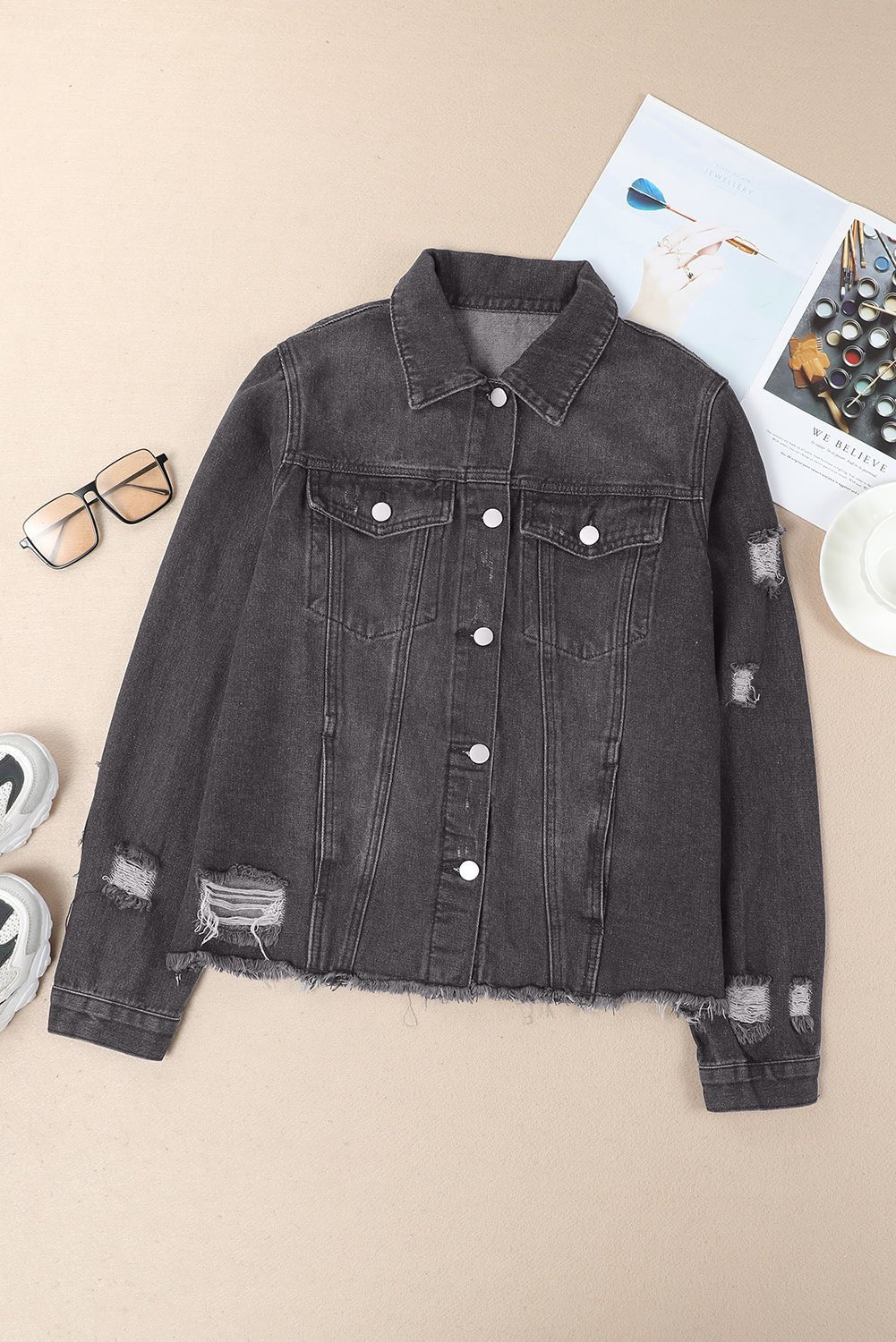 Women's Black Distressed Denim Jean Jacket with Raw Hem and Lapel