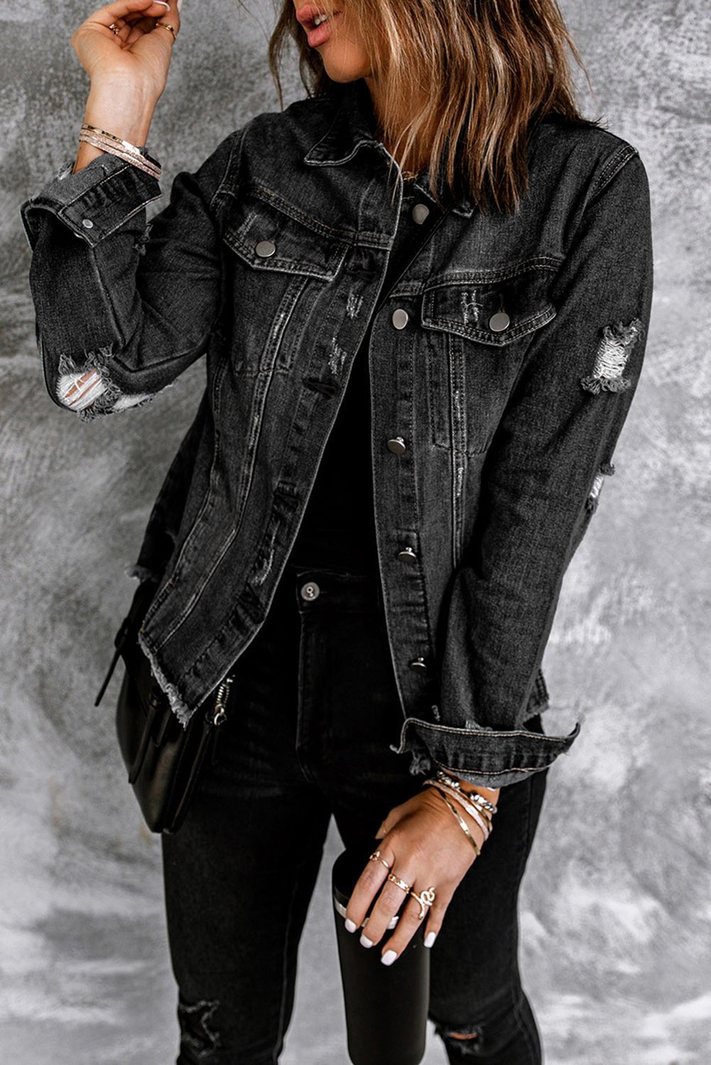 Women's Black Distressed Denim Jean Jacket with Raw Hem and Lapel