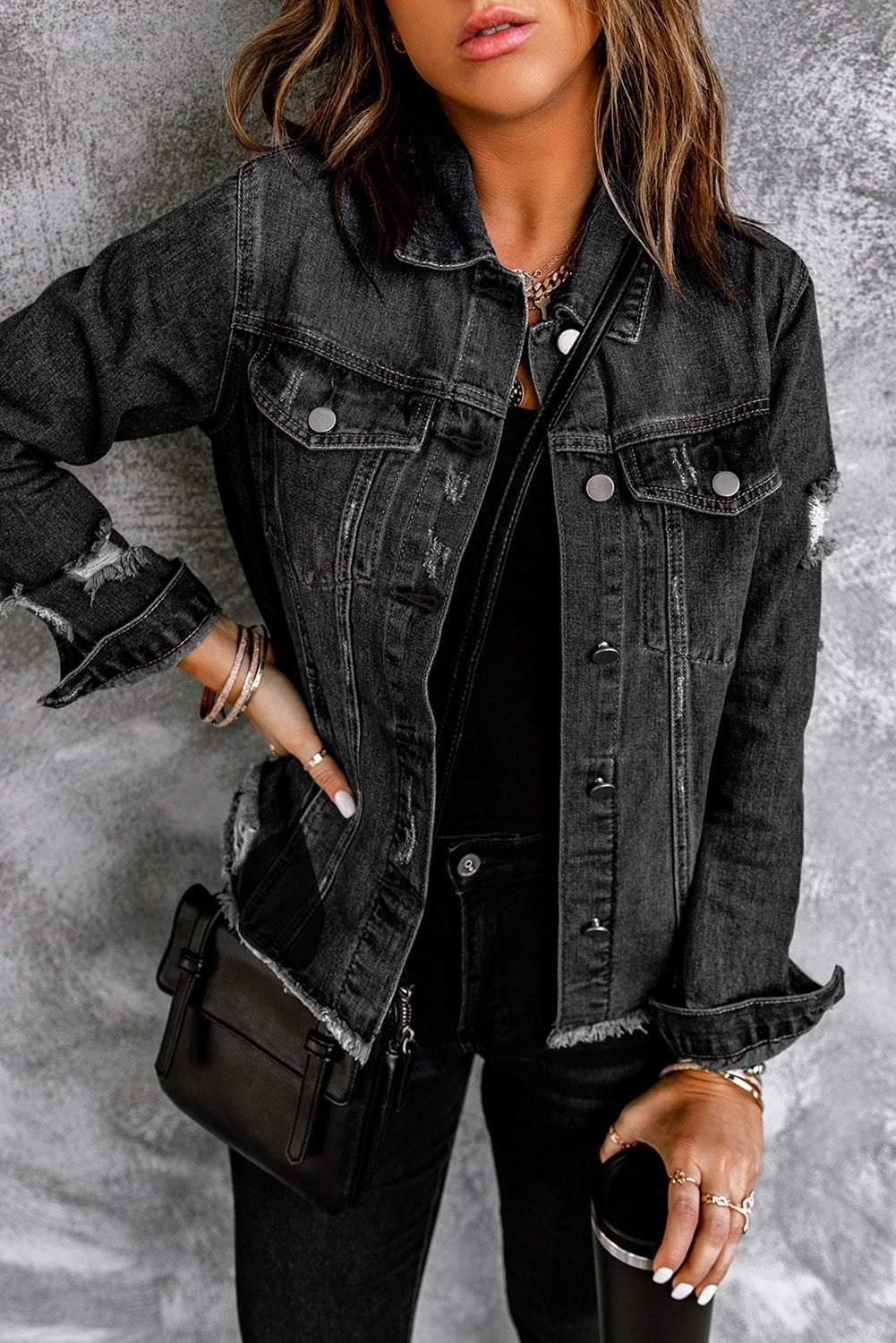 Women's Black Distressed Denim Jean Jacket with Raw Hem and Lapel