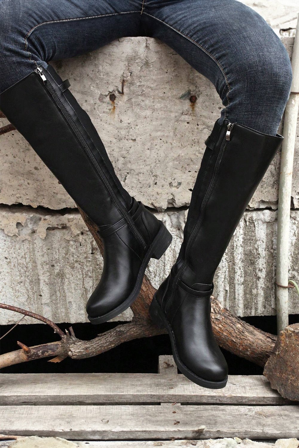 Women's Black Knee-High Faux Leather Riding Boots
