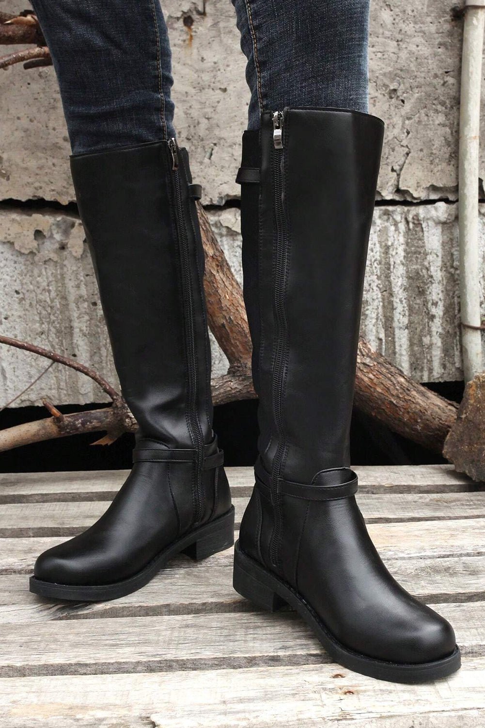 Women's Black Knee-High Faux Leather Riding Boots