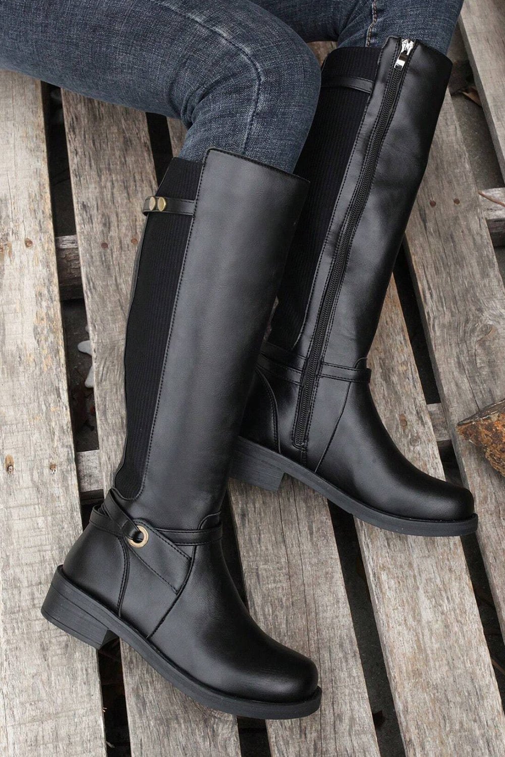 Women's Black Knee-High Faux Leather Riding Boots