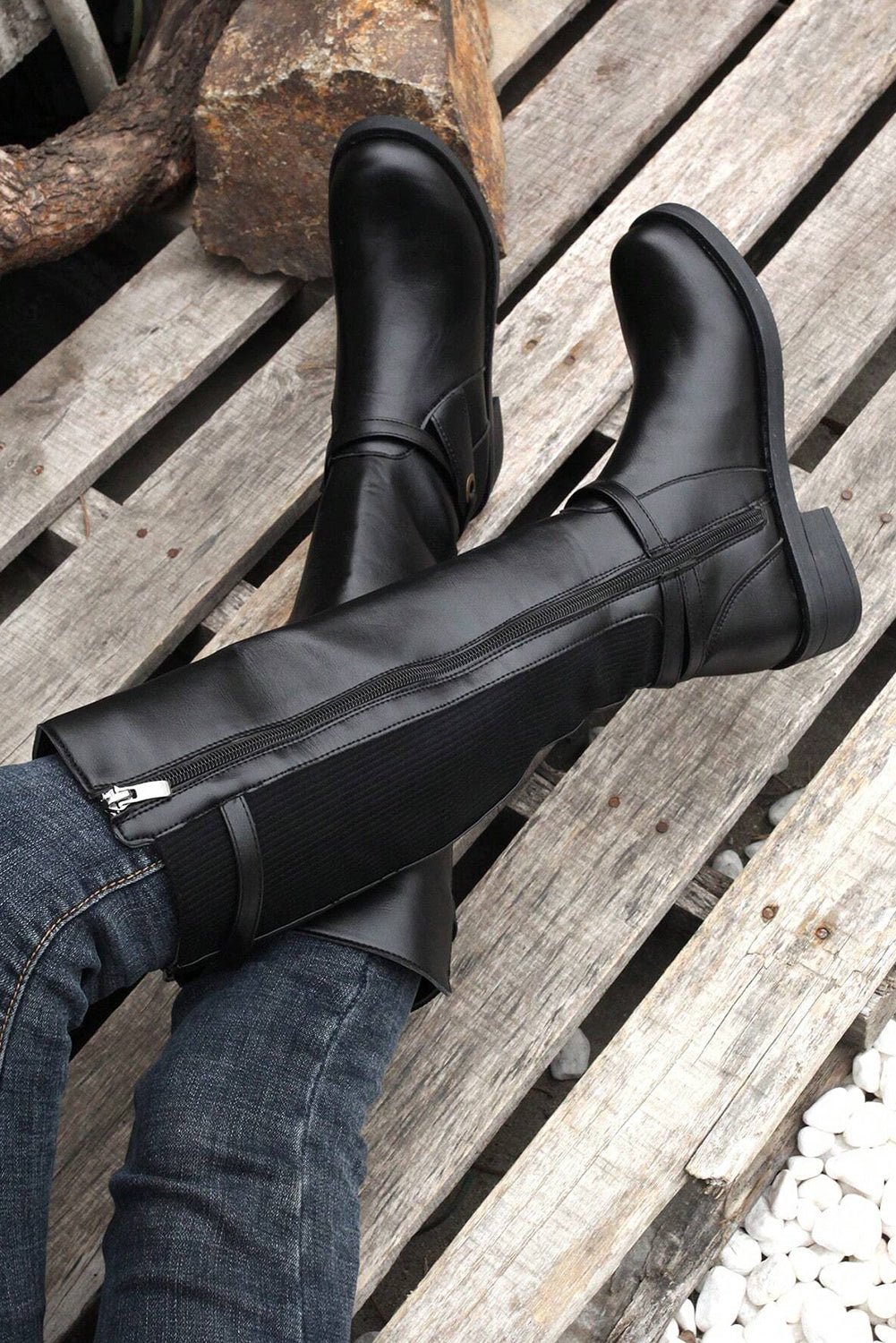 Women's Black Knee-High Faux Leather Riding Boots