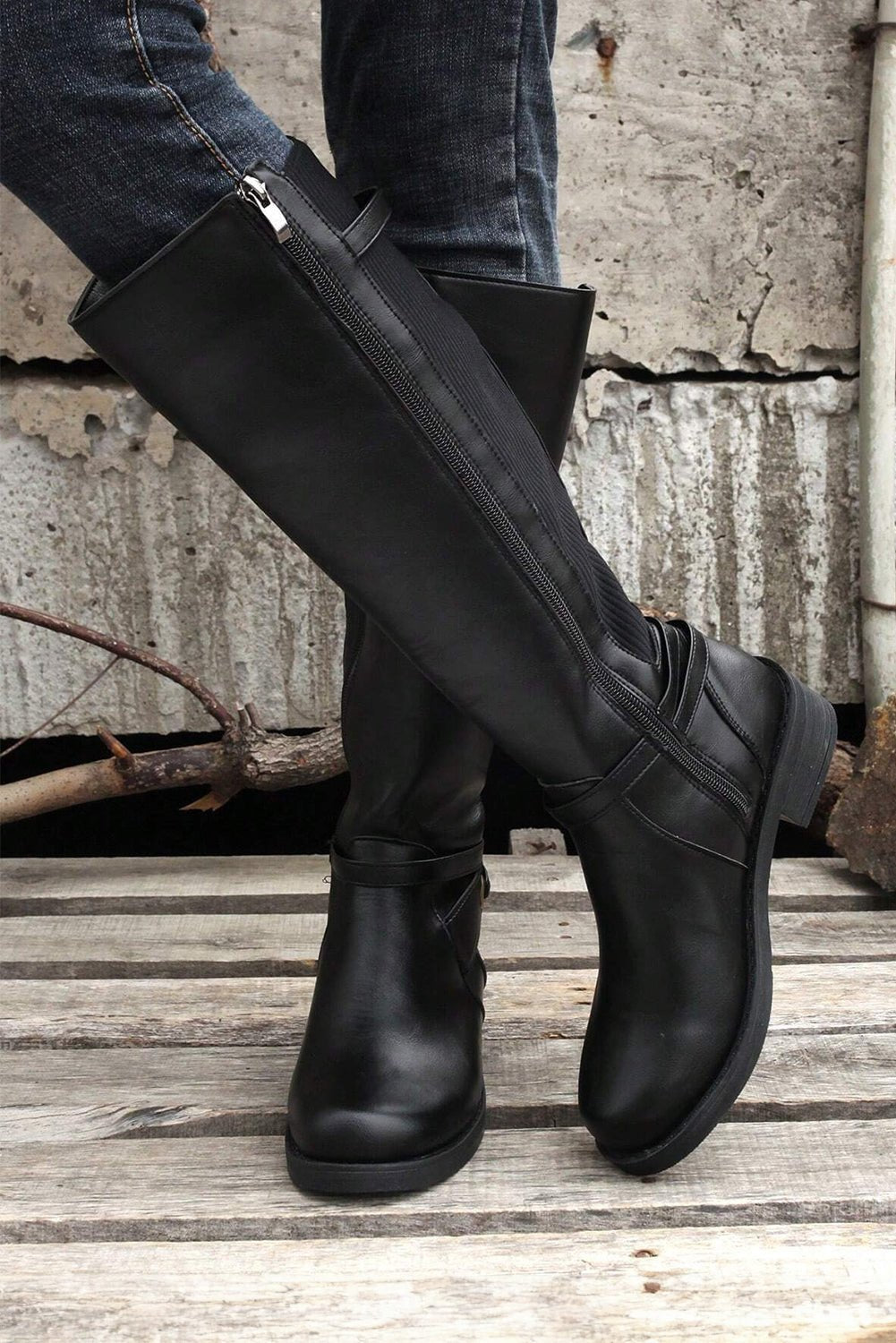 Women's Black Knee-High Faux Leather Riding Boots