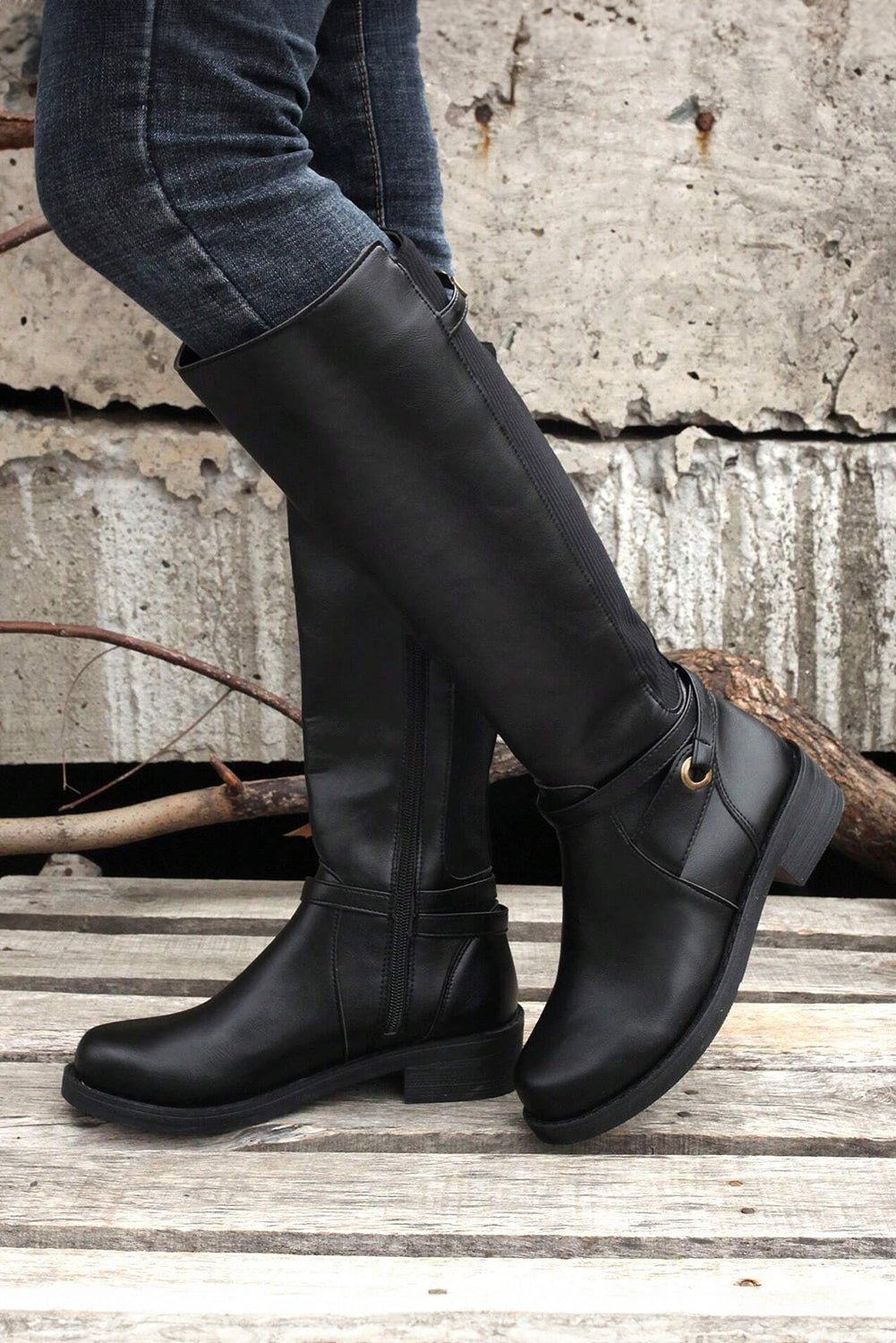Women's Black Knee-High Faux Leather Riding Boots