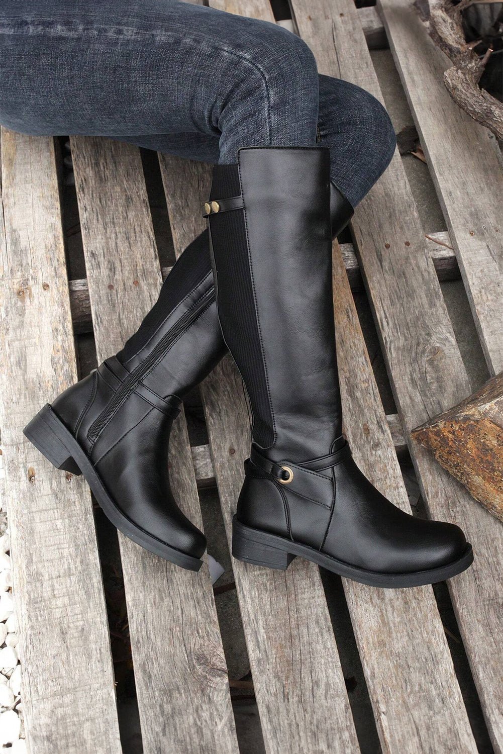 Women's Black Knee-High Faux Leather Riding Boots