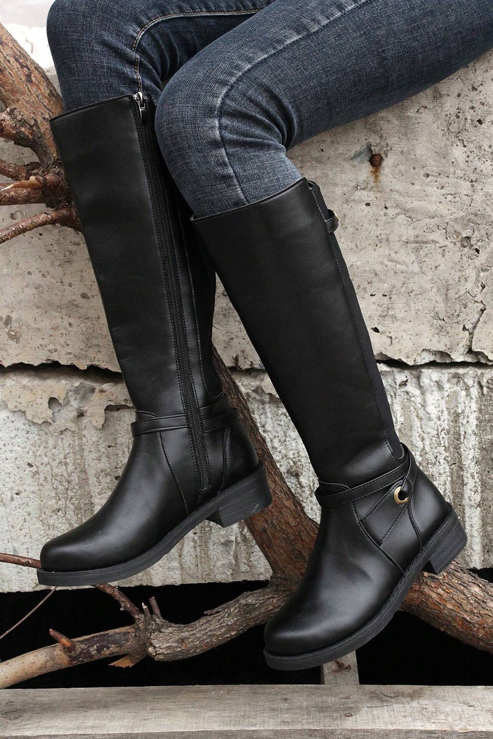 Women's Black Knee-High Faux Leather Riding Boots