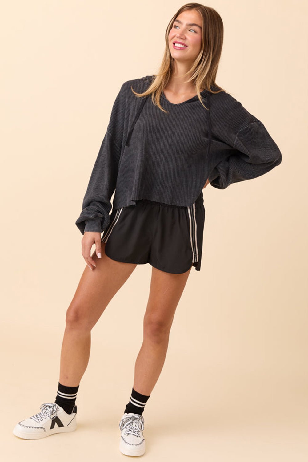 Women's Black Varsity Striped High-Waist Athleisure Shorts