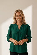 Women's Blackish Green Frilled V-Neck Blouse with 3/4 Puff Sleeves