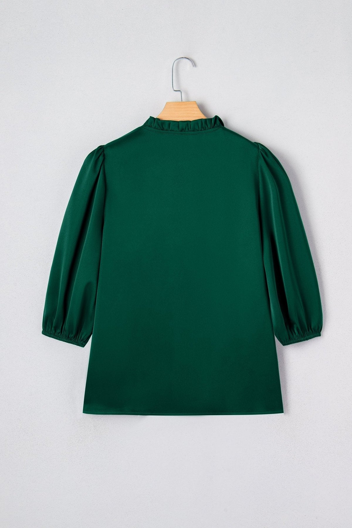 Women's Blackish Green Frilled V-Neck Blouse with 3/4 Puff Sleeves