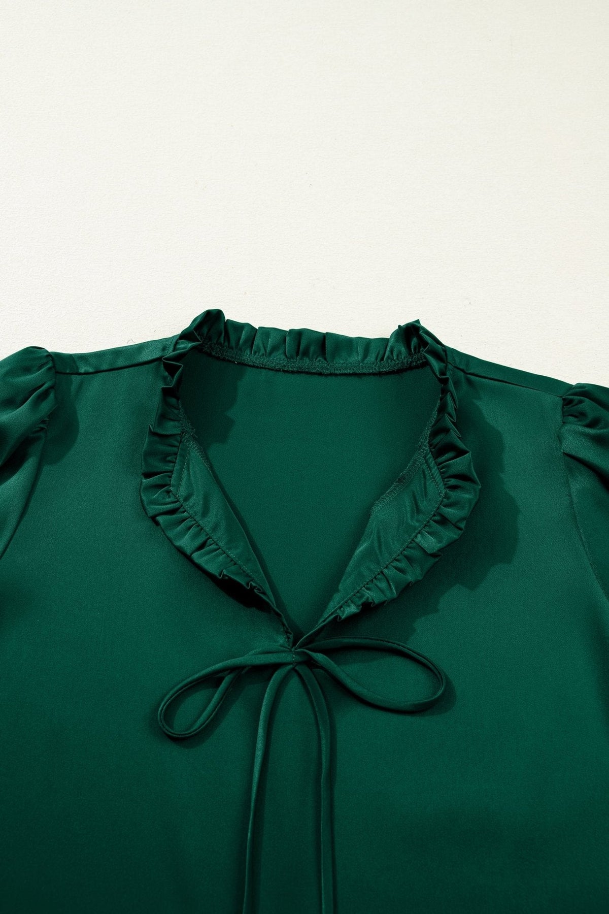 Women's Blackish Green Frilled V-Neck Blouse with 3/4 Puff Sleeves