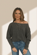 Women's Carbon Grey Twisted Ribbed Dolman Top with Cuffed Sleeves