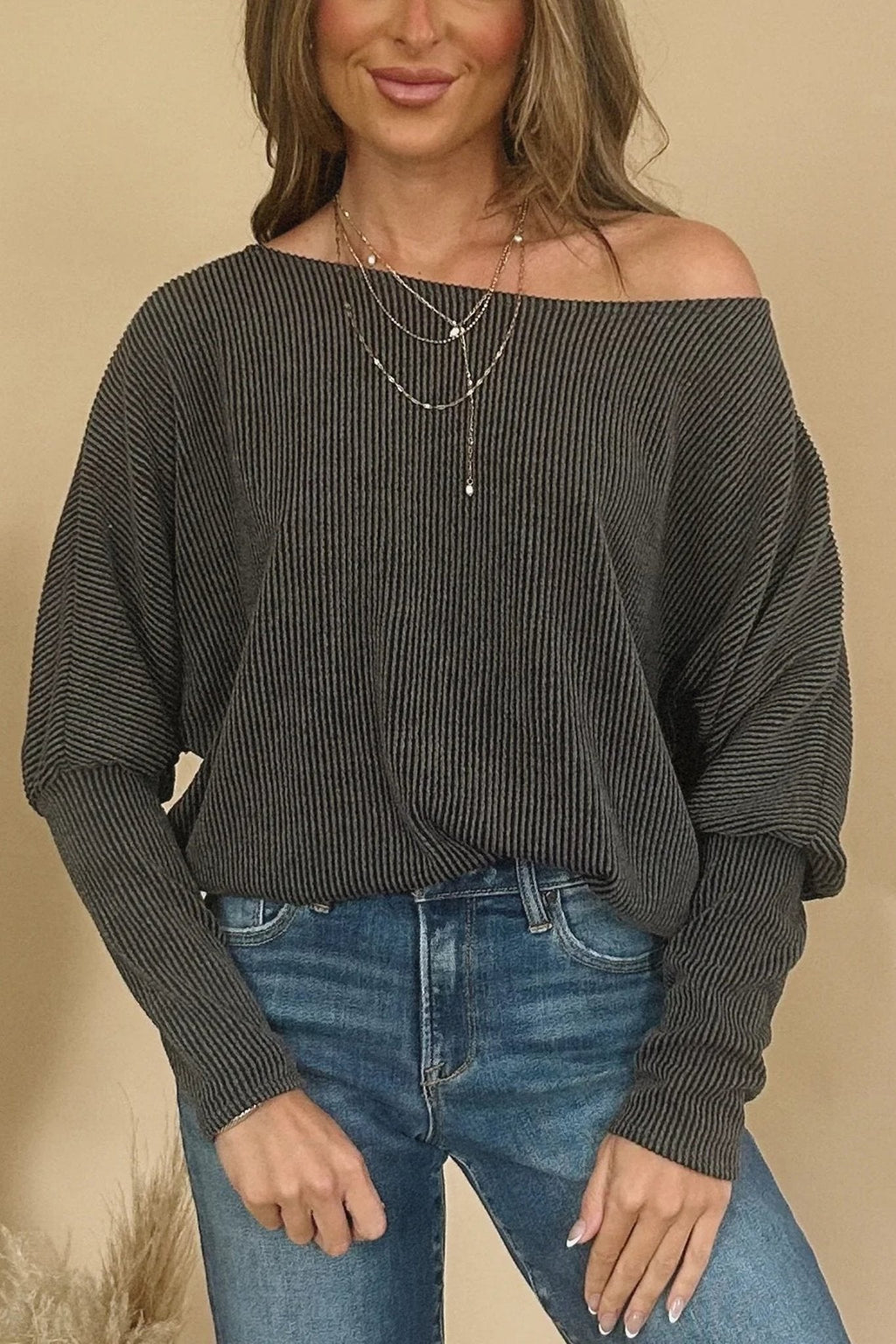 Women's Carbon Grey Twisted Ribbed Dolman Top with Cuffed Sleeves